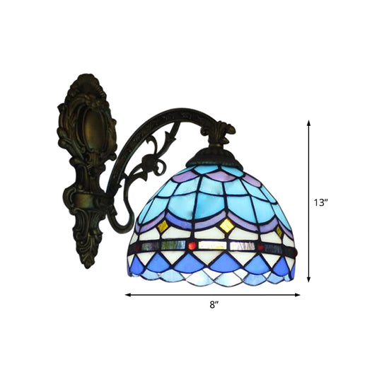 Dome Wall Light Fixture Baroque Stained Glass 1 Head Wall Mount Light in Blue for Bedroom Clearhalo 'Industrial' 'Middle century wall lights' 'Tiffany wall lights' 'Tiffany' 'Wall Lamps & Sconces' 'Wall Lights' Lighting' 171598