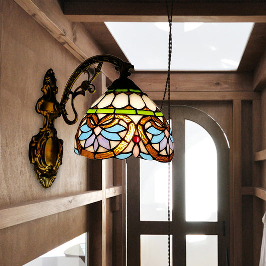 1 Light Domed Wall Sconce Victorian Stained Glass Up/Down Wall Lighting with Curved Arm in Brass Clearhalo 'Industrial' 'Middle century wall lights' 'Tiffany wall lights' 'Tiffany' 'Wall Lamps & Sconces' 'Wall Lights' Lighting' 171600
