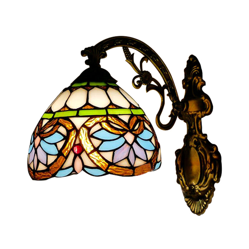1 Light Domed Wall Sconce Victorian Stained Glass Up/Down Wall Lighting with Curved Arm in Brass Clearhalo 'Industrial' 'Middle century wall lights' 'Tiffany wall lights' 'Tiffany' 'Wall Lamps & Sconces' 'Wall Lights' Lighting' 171601