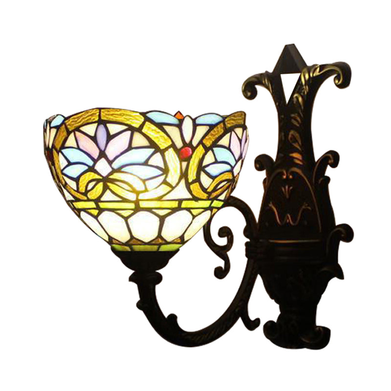 1 Light Domed Wall Sconce Victorian Stained Glass Up/Down Wall Lighting with Curved Arm in Brass Clearhalo 'Industrial' 'Middle century wall lights' 'Tiffany wall lights' 'Tiffany' 'Wall Lamps & Sconces' 'Wall Lights' Lighting' 171605