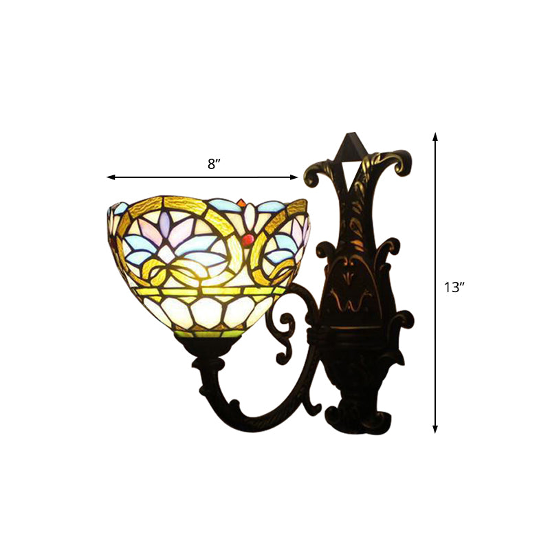 1 Light Domed Wall Sconce Victorian Stained Glass Up/Down Wall Lighting with Curved Arm in Brass Clearhalo 'Industrial' 'Middle century wall lights' 'Tiffany wall lights' 'Tiffany' 'Wall Lamps & Sconces' 'Wall Lights' Lighting' 171606
