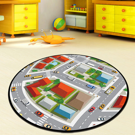 Grey and Green Kids Rug Polyester Road Pattern Rug Pet Friendly Washable Anti-Slip Backing Carpet for Decoration Light Gray