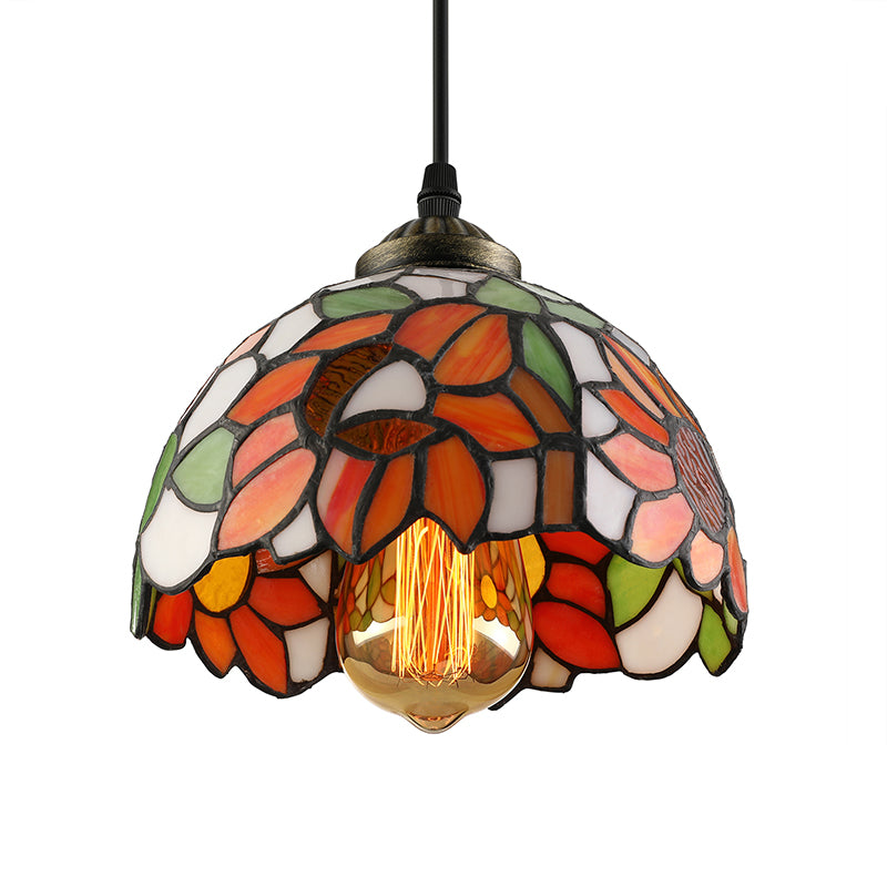 Tiffany-Style Hemisphere Pendant Lamp 1 Bulb Red/Orange/Orange-Green Stained Art Glass Ceiling Hanging Light Clearhalo 'Ceiling Lights' 'Industrial' 'Middle Century Pendants' 'Pendant Lights' 'Pendants' 'Tiffany close to ceiling' 'Tiffany Pendants' 'Tiffany' Lighting' 171653