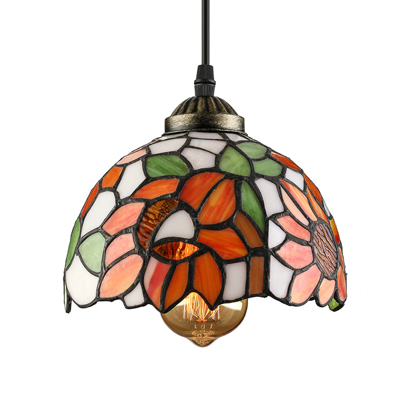 Tiffany-Style Hemisphere Pendant Lamp 1 Bulb Red/Orange/Orange-Green Stained Art Glass Ceiling Hanging Light Clearhalo 'Ceiling Lights' 'Industrial' 'Middle Century Pendants' 'Pendant Lights' 'Pendants' 'Tiffany close to ceiling' 'Tiffany Pendants' 'Tiffany' Lighting' 171654
