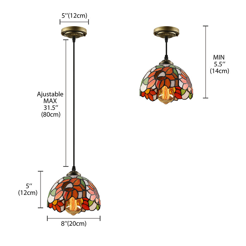 Tiffany-Style Hemisphere Pendant Lamp 1 Bulb Red/Orange/Orange-Green Stained Art Glass Ceiling Hanging Light Clearhalo 'Ceiling Lights' 'Industrial' 'Middle Century Pendants' 'Pendant Lights' 'Pendants' 'Tiffany close to ceiling' 'Tiffany Pendants' 'Tiffany' Lighting' 171655