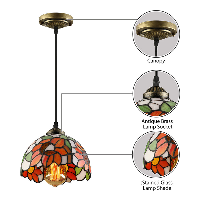 Tiffany-Style Hemisphere Pendant Lamp 1 Bulb Red/Orange/Orange-Green Stained Art Glass Ceiling Hanging Light Clearhalo 'Ceiling Lights' 'Industrial' 'Middle Century Pendants' 'Pendant Lights' 'Pendants' 'Tiffany close to ceiling' 'Tiffany Pendants' 'Tiffany' Lighting' 171656