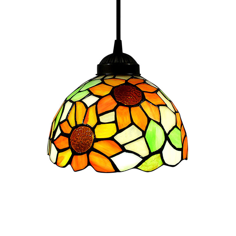 Tiffany-Style Hemisphere Pendant Lamp 1 Bulb Red/Orange/Orange-Green Stained Art Glass Ceiling Hanging Light Clearhalo 'Ceiling Lights' 'Industrial' 'Middle Century Pendants' 'Pendant Lights' 'Pendants' 'Tiffany close to ceiling' 'Tiffany Pendants' 'Tiffany' Lighting' 171659