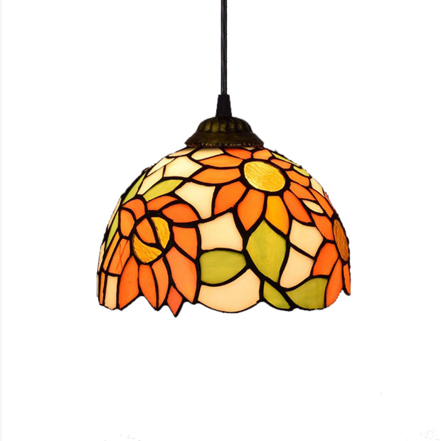 Tiffany-Style Hemisphere Pendant Lamp 1 Bulb Red/Orange/Orange-Green Stained Art Glass Ceiling Hanging Light Clearhalo 'Ceiling Lights' 'Industrial' 'Middle Century Pendants' 'Pendant Lights' 'Pendants' 'Tiffany close to ceiling' 'Tiffany Pendants' 'Tiffany' Lighting' 171661