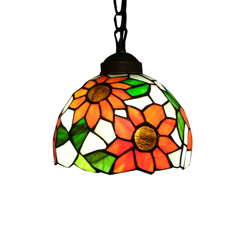 Tiffany-Style Hemisphere Pendant Lamp 1 Bulb Red/Orange/Orange-Green Stained Art Glass Ceiling Hanging Light Clearhalo 'Ceiling Lights' 'Industrial' 'Middle Century Pendants' 'Pendant Lights' 'Pendants' 'Tiffany close to ceiling' 'Tiffany Pendants' 'Tiffany' Lighting' 171663