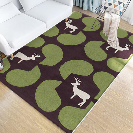 Kids Animal Pattern Rug Green Multicolor Polyester Rug Washable Pet Friendly Non-Slip Area Rug for Child's Bedroom Green