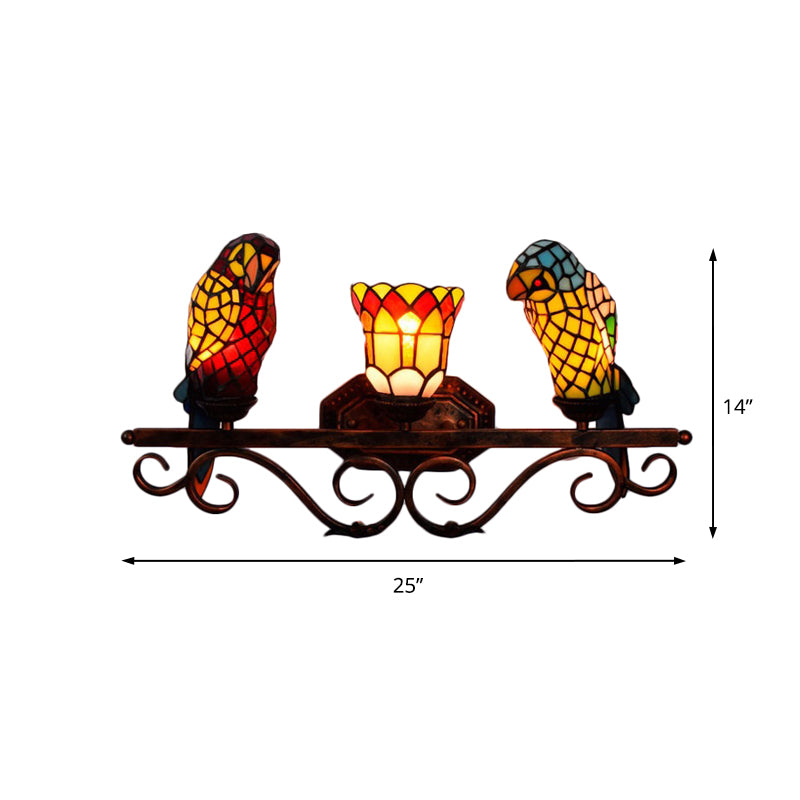 3 Lights Parrot Sconce Light Stained Glass Rustic Lodge Style Indoor Lighting Fixture in Copper Clearhalo 'Industrial' 'Middle century wall lights' 'Tiffany wall lights' 'Tiffany' 'Wall Lamps & Sconces' 'Wall Lights' Lighting' 171667