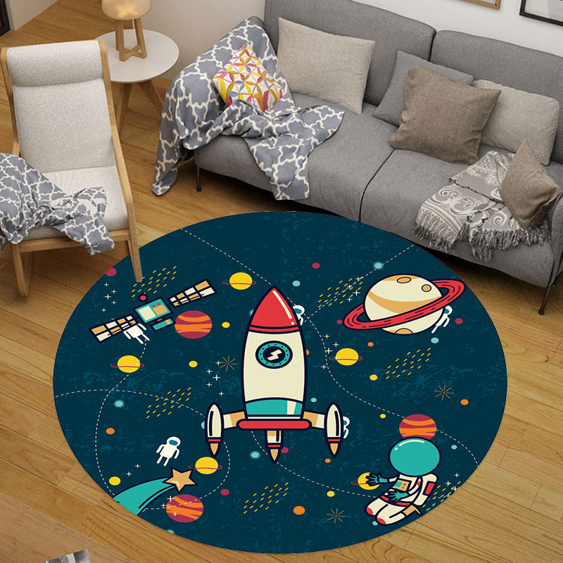 Kids Outer Space Pattern Rug Black and Blue Polyester Rug Washable Pet Friendly Non-Slip Area Rug for Child's Bedroom Navy Clearhalo 'Area Rug' 'Rug' 1716693