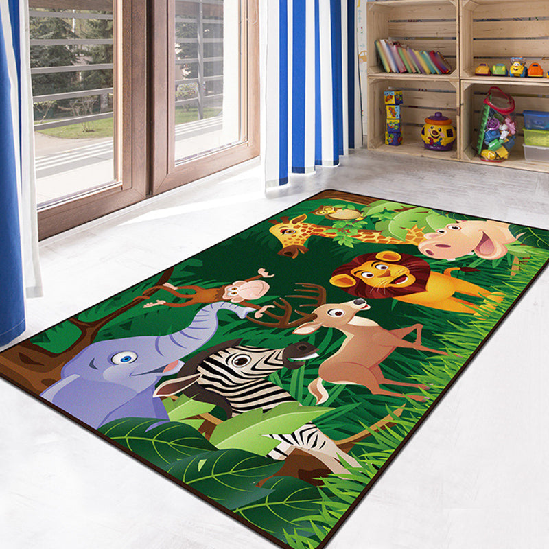 Green and Blue Kids Rug Polyester Animal and Insect Pattern Rug Pet Friendly Washable Anti-Slip Backing Carpet for Decoration Dark Green Clearhalo 'Area Rug' 'Rug' 1716726