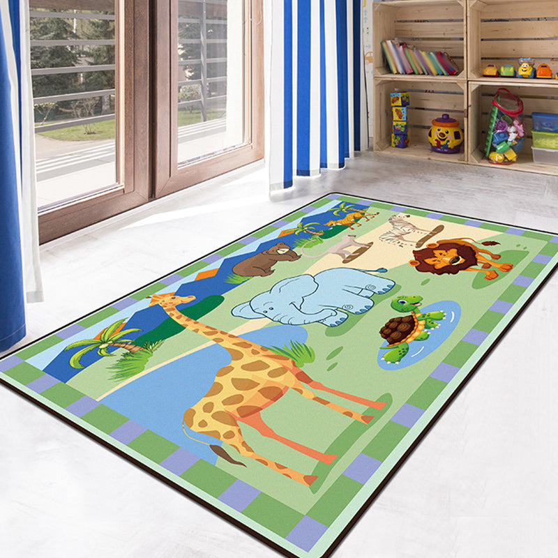 Green and Blue Kids Rug Polyester Animal and Insect Pattern Rug Pet Friendly Washable Anti-Slip Backing Carpet for Decoration Green Clearhalo 'Area Rug' 'Rug' 1716732
