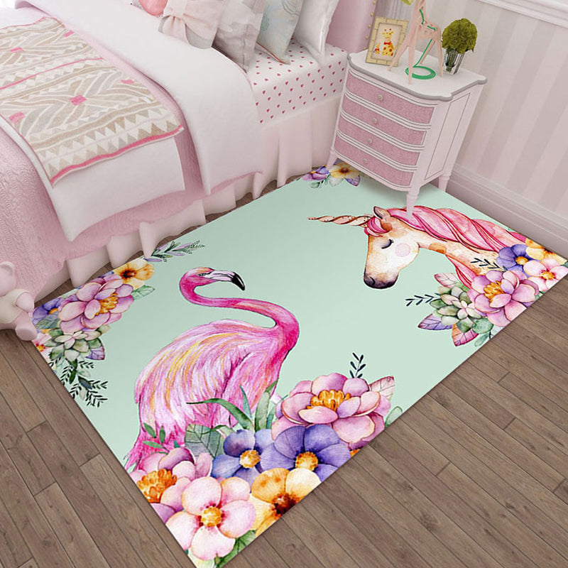 Colorful Cartoon Animal Pattern Rug Pink and Blue Kids Rug Polyester Pet Friendly Washable Non-Slip Backing Area Rug for Nursery Pink Clearhalo 'Area Rug' 'Rug' 1716884