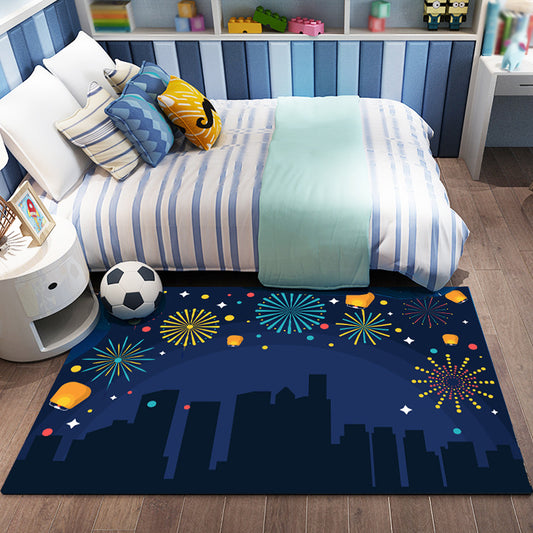 Pink and Blue Kids Rug Polyester Forest and City Pattern Rug Pet Friendly Washable Anti-Slip Backing Carpet for Decoration Dark Blue