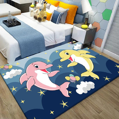 Kids Cartoon Dolphin Pattern Rug with Star Green and Blue Polyester Rug Washable Pet Friendly Non-Slip Area Rug for Child's Bedroom Dark Blue Clearhalo 'Area Rug' 'Rug' 1716971