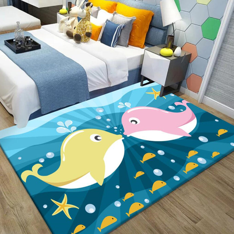 Kids Cartoon Dolphin Pattern Rug with Star Green and Blue Polyester Rug Washable Pet Friendly Non-Slip Area Rug for Child's Bedroom Yellow Clearhalo 'Area Rug' 'Rug' 1716972