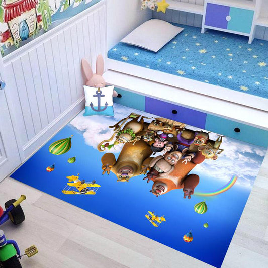 Kids Cartoon Character Pattern Rug Pink and Blue Polyester Rug Washable Pet Friendly Non-Slip Area Rug for Child's Bedroom Blue