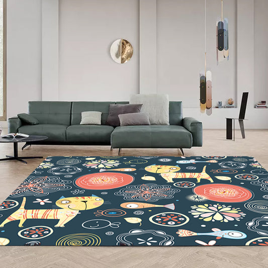 Dark Black Kids Rug Polyester Animal and Floral Pattern Rug Pet Friendly Washable Anti-Slip Backing Carpet for Decoration Clearhalo 'Area Rug' 'Rug' 1717012