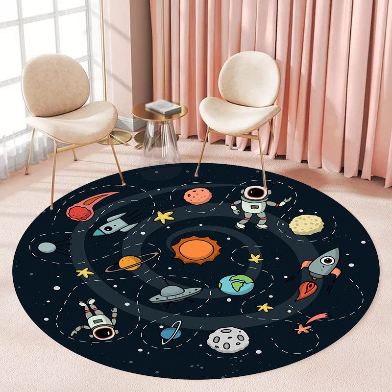 Black Multicolor Kids Rug Polyester Outer Space Pattern Rug Pet Friendly Washable Anti-Slip Backing Carpet for Decoration Black Clearhalo 'Area Rug' 'Rug' 1717018