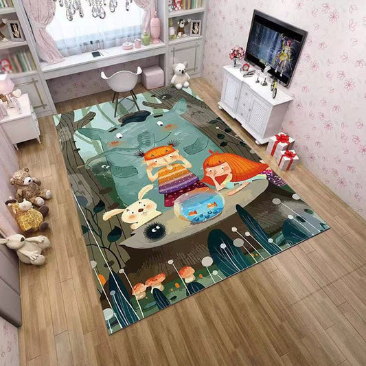 Pink and Green Kids Rug Polyester Cartoon Character Pattern Rug Pet Friendly Washable Anti-Slip Backing Carpet for Decoration Light Green