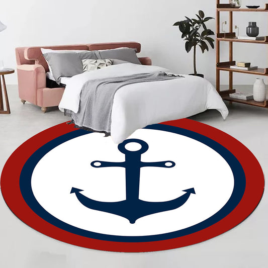 Unique Navigation Pattern Rug with Ship and Anchor Blue and White Kids Rug Polyester Washable Pet Friendly Anti-Slip Carpet for Children's Room