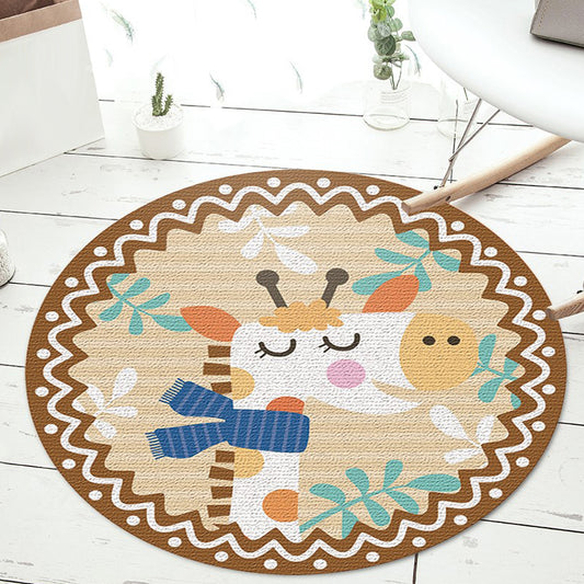 Stylish Cartoon Animal Pattern Rug Green and Blue Kids Rug Polyester Pet Friendly Washable Non-Slip Backing Area Rug for Nursery Brown