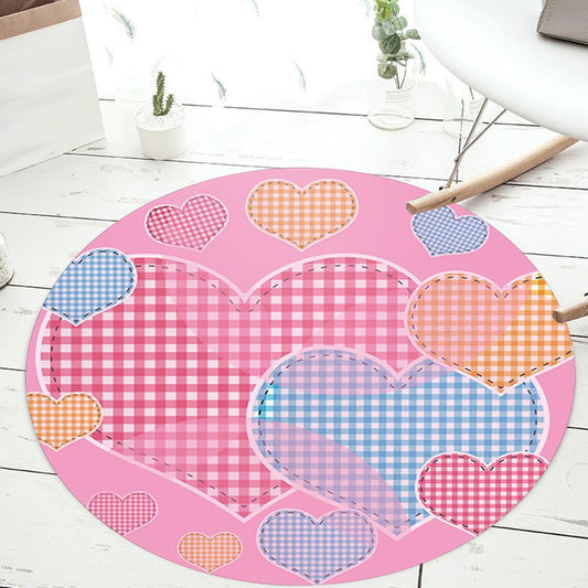 Unusual Heart Pattern Rug with Floral Pink and Blue Kids Rug Polyester Washable Pet Friendly Anti-Slip Carpet for Children's Room Pink