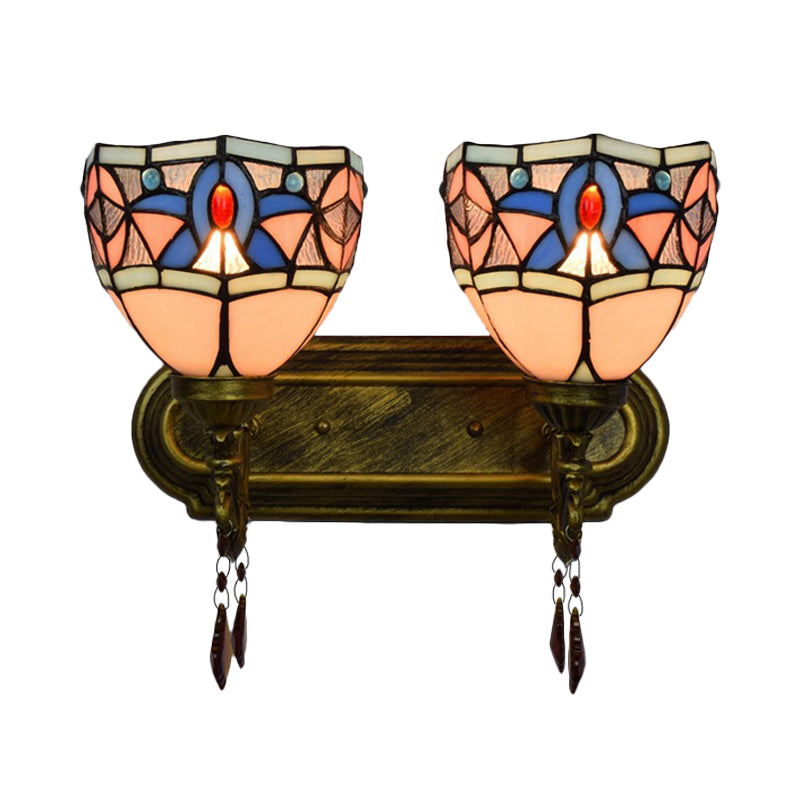 Bowl Wall Sconce Lighting with Crystal Decoration Rustic Loft 2 Lights Stained Glass Wall Lamp in Red/Yellow/Blue Clearhalo 'Industrial' 'Middle century wall lights' 'Tiffany wall lights' 'Tiffany' 'Wall Lamps & Sconces' 'Wall Lights' Lighting' 171743