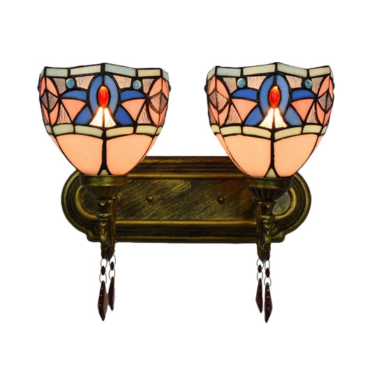 Bowl Wall Sconce Lighting with Crystal Decoration Rustic Loft 2 Lights Stained Glass Wall Lamp in Red/Yellow/Blue Clearhalo 'Industrial' 'Middle century wall lights' 'Tiffany wall lights' 'Tiffany' 'Wall Lamps & Sconces' 'Wall Lights' Lighting' 171743