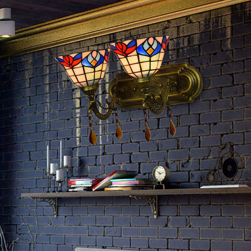 Bowl Wall Sconce Lighting with Crystal Decoration Rustic Loft 2 Lights Stained Glass Wall Lamp in Red/Yellow/Blue Red Clearhalo 'Industrial' 'Middle century wall lights' 'Tiffany wall lights' 'Tiffany' 'Wall Lamps & Sconces' 'Wall Lights' Lighting' 171745