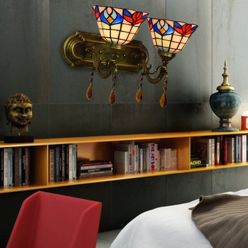 Bowl Wall Sconce Lighting with Crystal Decoration Rustic Loft 2 Lights Stained Glass Wall Lamp in Red/Yellow/Blue Clearhalo 'Industrial' 'Middle century wall lights' 'Tiffany wall lights' 'Tiffany' 'Wall Lamps & Sconces' 'Wall Lights' Lighting' 171746