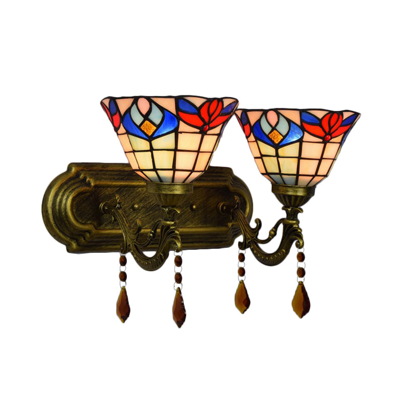 Bowl Wall Sconce Lighting with Crystal Decoration Rustic Loft 2 Lights Stained Glass Wall Lamp in Red/Yellow/Blue Clearhalo 'Industrial' 'Middle century wall lights' 'Tiffany wall lights' 'Tiffany' 'Wall Lamps & Sconces' 'Wall Lights' Lighting' 171747