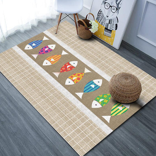 Cute Cartoon Animal Pattern Rug with Fish Multicolor Kids Rug Polyester Washable Pet Friendly Anti-Slip Carpet for Children's Room Light Brown