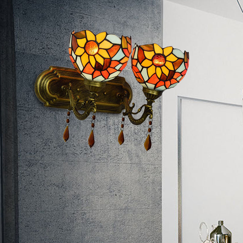 Bowl Wall Sconce Lighting with Crystal Decoration Rustic Loft 2 Lights Stained Glass Wall Lamp in Red/Yellow/Blue Clearhalo 'Industrial' 'Middle century wall lights' 'Tiffany wall lights' 'Tiffany' 'Wall Lamps & Sconces' 'Wall Lights' Lighting' 171749
