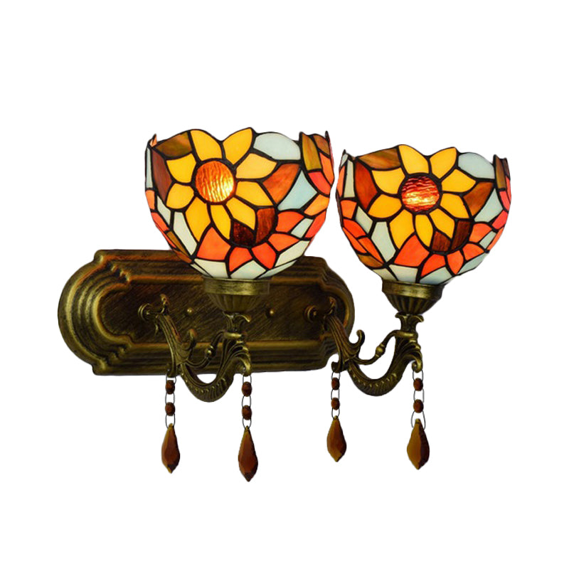 Bowl Wall Sconce Lighting with Crystal Decoration Rustic Loft 2 Lights Stained Glass Wall Lamp in Red/Yellow/Blue Clearhalo 'Industrial' 'Middle century wall lights' 'Tiffany wall lights' 'Tiffany' 'Wall Lamps & Sconces' 'Wall Lights' Lighting' 171750