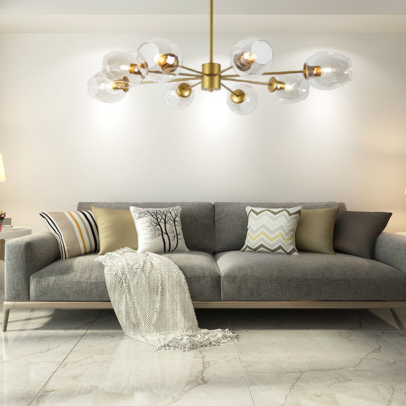 Gold Branch Chandelier Lighting Post Modern 6/8 Lights Light Blue/Clear/Amber Glass Ceiling Suspension Lamp 8 Clear Clearhalo 'Ceiling Lights' 'Chandeliers' 'Clear' 'Glass shade' 'Glass' 'Industrial' 'Modern Chandeliers' 'Modern' 'Tiffany' 'Traditional Chandeliers' Lighting' 171822