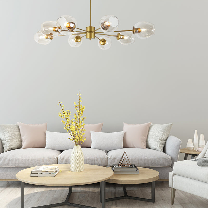 Gold Branch Chandelier Lighting Post Modern 6/8 Lights Light Blue/Clear/Amber Glass Ceiling Suspension Lamp Clearhalo 'Ceiling Lights' 'Chandeliers' 'Clear' 'Glass shade' 'Glass' 'Industrial' 'Modern Chandeliers' 'Modern' 'Tiffany' 'Traditional Chandeliers' Lighting' 171823