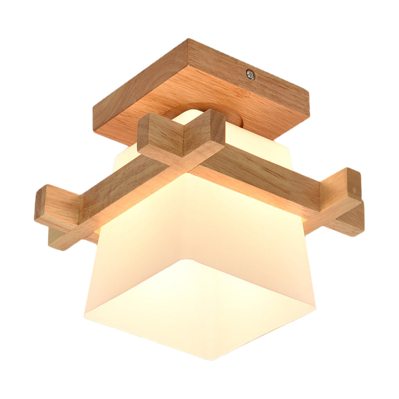 Opal Glass Trapezoid Pendant Light with Wood Deco 1 Head Japanese Style Ceiling Lamp in White for Bedroom Clearhalo 'Ceiling Lights' 'Close To Ceiling Lights' 'Close to ceiling' 'Semi-flushmount' Lighting' 171843