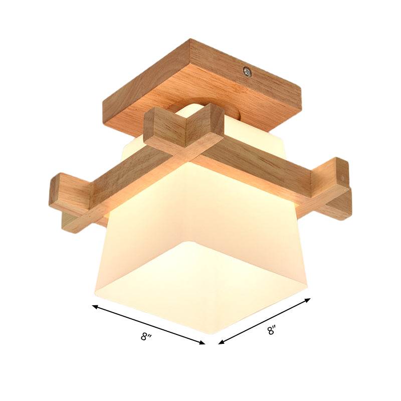 Opal Glass Trapezoid Pendant Light with Wood Deco 1 Head Japanese Style Ceiling Lamp in White for Bedroom Clearhalo 'Ceiling Lights' 'Close To Ceiling Lights' 'Close to ceiling' 'Semi-flushmount' Lighting' 171844