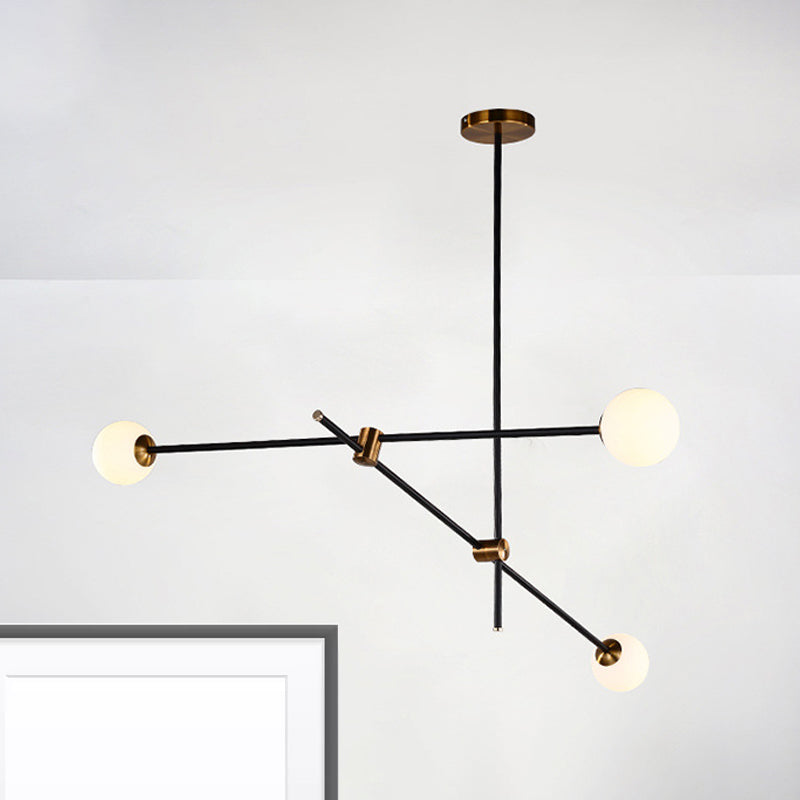 Modernist Exposed Ceiling Lamp Metallic 2/3 Lights Living Room Black Pendant Lighting with Opal Glass Ball Shade Clearhalo 'Ceiling Lights' 'Chandeliers' 'Modern Chandeliers' 'Modern' Lighting' 1719574