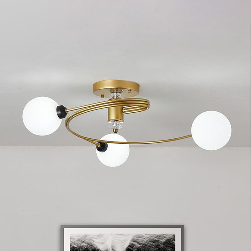 Gold Spiral Semi Flush Lighting Nordic 3/5 Lights Ceiling Flushmount with Orb Clear/Milk/White Glass Shade Clearhalo 'Ceiling Lights' 'Close To Ceiling Lights' 'Close to ceiling' 'Glass shade' 'Glass' 'Pendant Lights' 'Semi-flushmount' Lighting' 1719625
