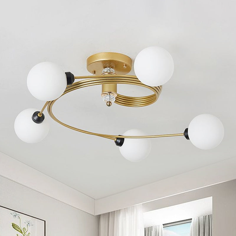 Gold Spiral Semi Flush Lighting Nordic 3/5 Lights Ceiling Flushmount with Orb Clear/Milk/White Glass Shade Clearhalo 'Ceiling Lights' 'Close To Ceiling Lights' 'Close to ceiling' 'Glass shade' 'Glass' 'Pendant Lights' 'Semi-flushmount' Lighting' 1719626