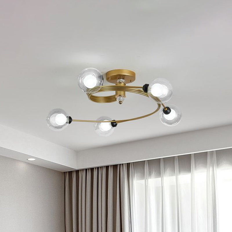 Gold Spiral Semi Flush Lighting Nordic 3/5 Lights Ceiling Flushmount with Orb Clear/Milk/White Glass Shade Clearhalo 'Ceiling Lights' 'Close To Ceiling Lights' 'Close to ceiling' 'Glass shade' 'Glass' 'Pendant Lights' 'Semi-flushmount' Lighting' 1719628