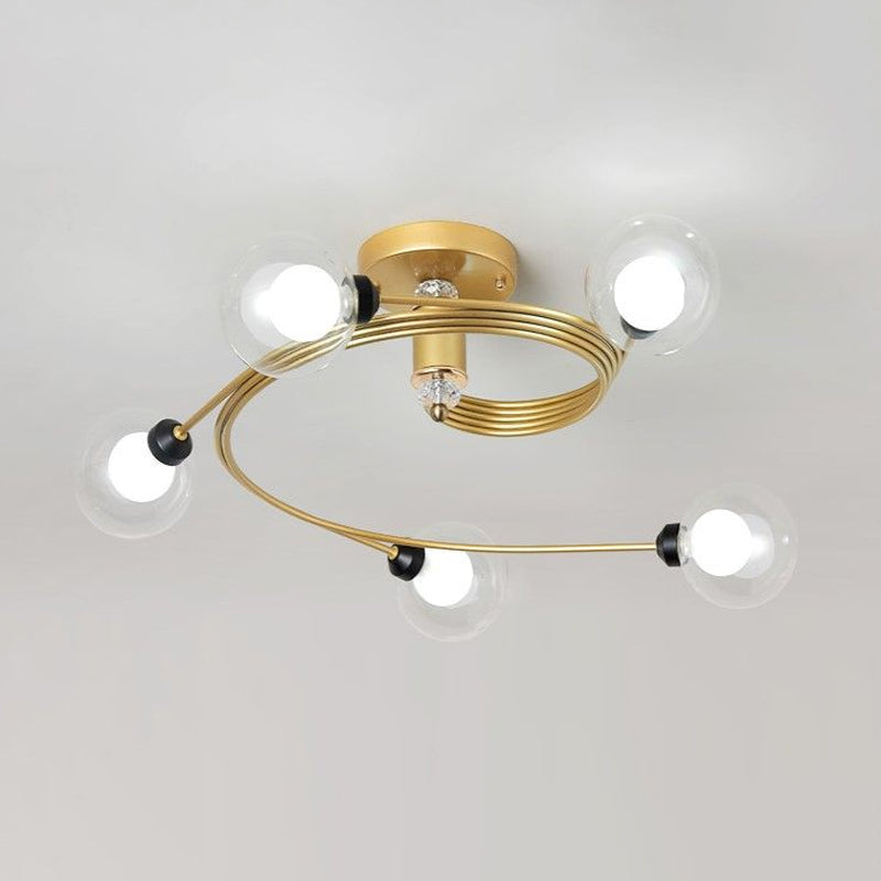 Gold Spiral Semi Flush Lighting Nordic 3/5 Lights Ceiling Flushmount with Orb Clear/Milk/White Glass Shade Clearhalo 'Ceiling Lights' 'Close To Ceiling Lights' 'Close to ceiling' 'Glass shade' 'Glass' 'Pendant Lights' 'Semi-flushmount' Lighting' 1719629