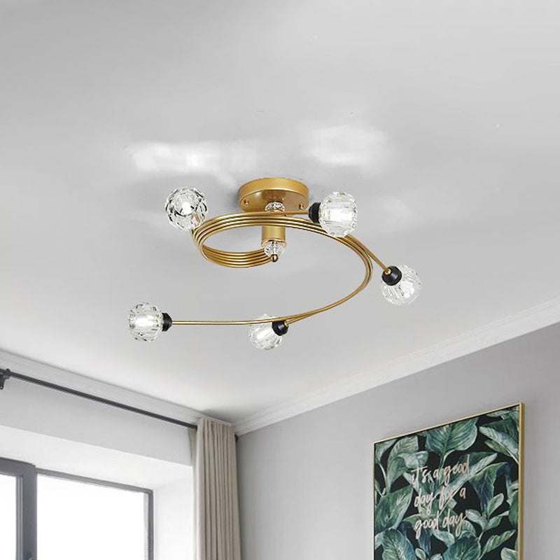Gold Spiral Semi Flush Lighting Nordic 3/5 Lights Ceiling Flushmount with Orb Clear/Milk/White Glass Shade Clearhalo 'Ceiling Lights' 'Close To Ceiling Lights' 'Close to ceiling' 'Glass shade' 'Glass' 'Pendant Lights' 'Semi-flushmount' Lighting' 1719632