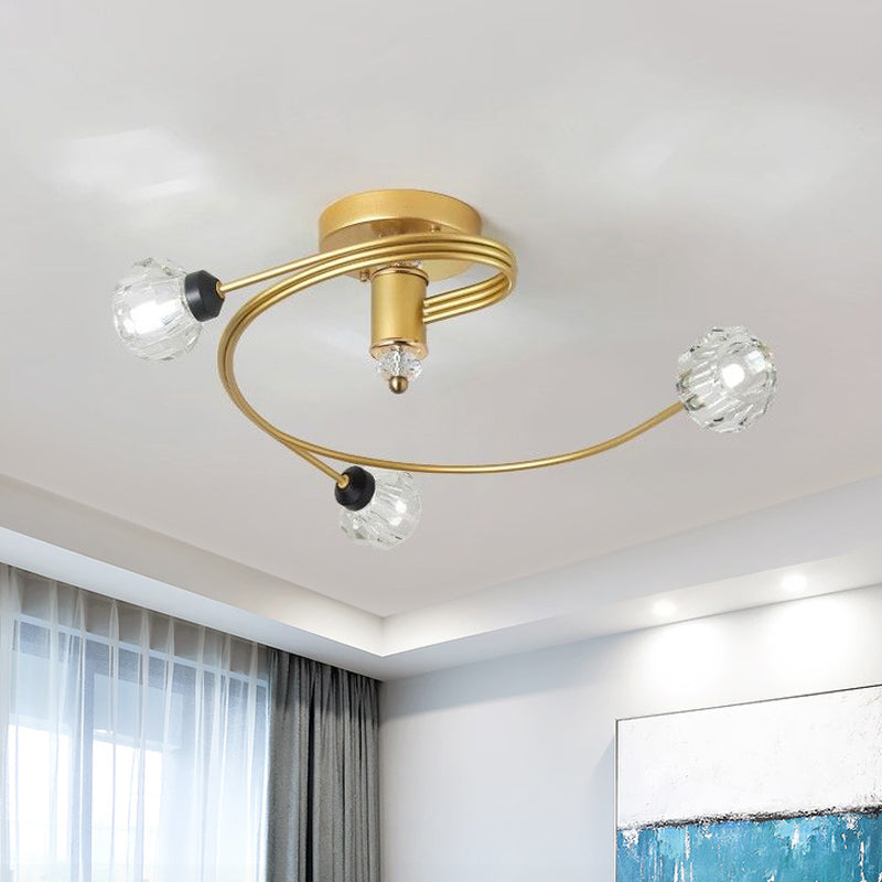 Gold Spiral Semi Flush Lighting Nordic 3/5 Lights Ceiling Flushmount with Orb Clear/Milk/White Glass Shade Clearhalo 'Ceiling Lights' 'Close To Ceiling Lights' 'Close to ceiling' 'Glass shade' 'Glass' 'Pendant Lights' 'Semi-flushmount' Lighting' 1719634