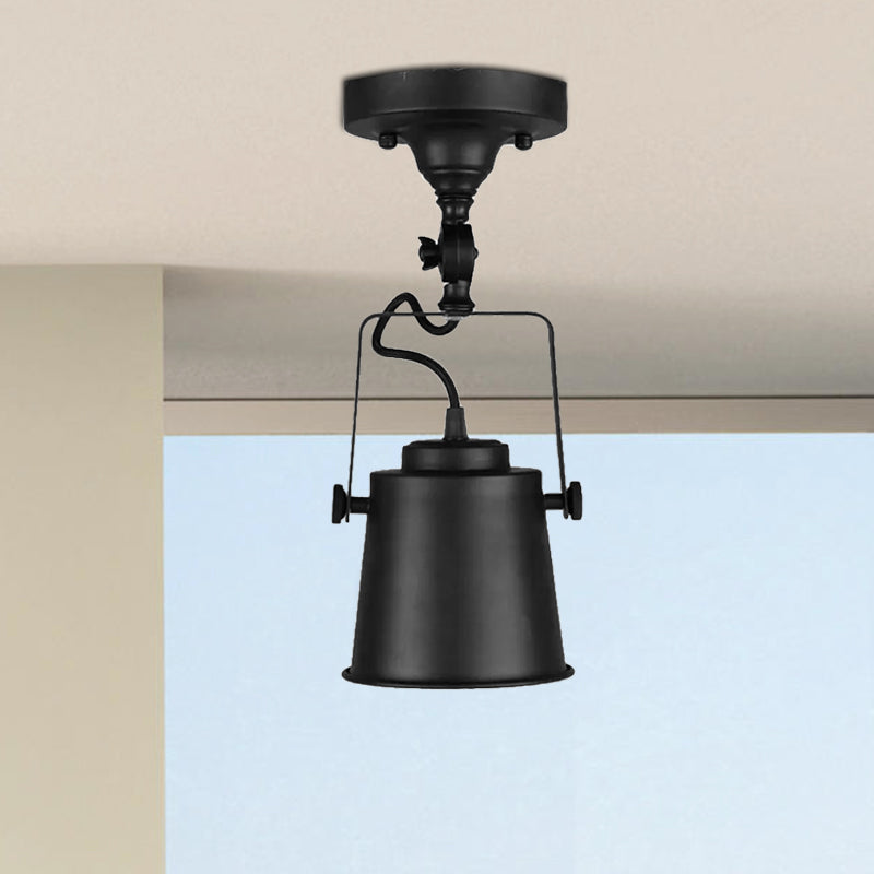 Bucket Shade Living Room Ceiling Lamp Antique Style Metal 1 Bulb Black/Rust Rotatable Semi Flush Pendant Light Clearhalo 'Ceiling Lights' 'Close To Ceiling Lights' 'Close to ceiling' 'Semi-flushmount' Lighting' 1719638