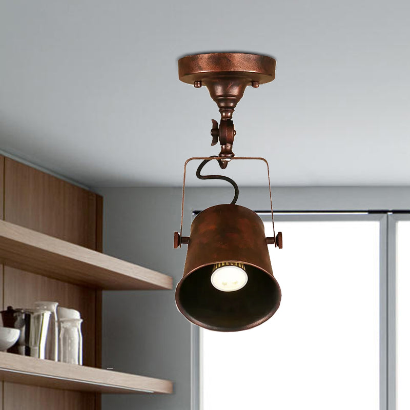 Bucket Shade Living Room Ceiling Lamp Antique Style Metal 1 Bulb Black/Rust Rotatable Semi Flush Pendant Light Clearhalo 'Ceiling Lights' 'Close To Ceiling Lights' 'Close to ceiling' 'Semi-flushmount' Lighting' 1719639